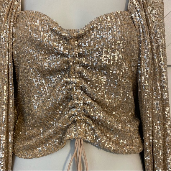 Jonathan Simkhai Sequin Ruched Tie Front Long Puff Sleeve Sweetheart Top Sz S - Picture 3 of 10